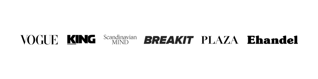 Image of brands working with Bigelius Skincare. The brands are Vouge, King, Scandinavian MIND, Breakit, Plaza and Ehandel