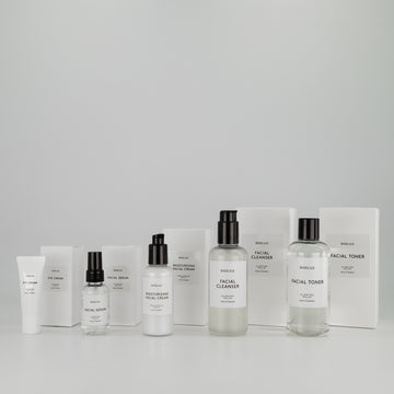 Image showing Bigelius ultimate routine. From left: eye cream, facial serum, moisturizing facial cream, cleanser and facial toner 