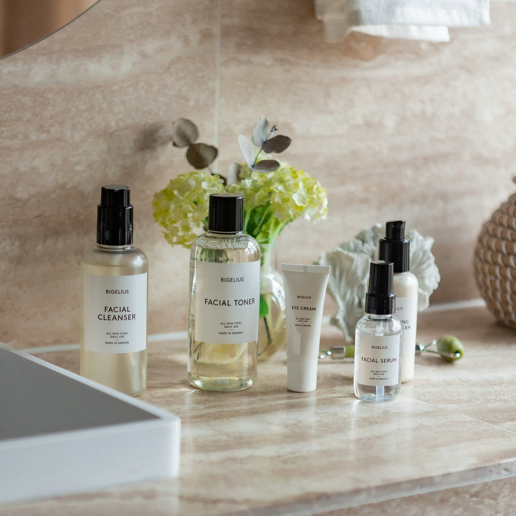 Image showing Bigelius skincare products standing beside the basin in a bathroom