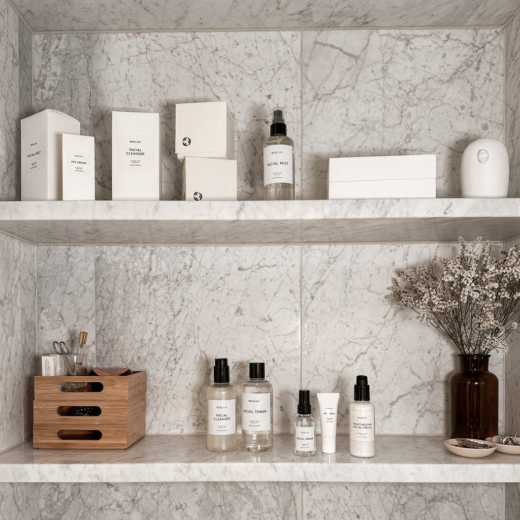 Image showing Bigelius skincare products in a bathroom cabinet